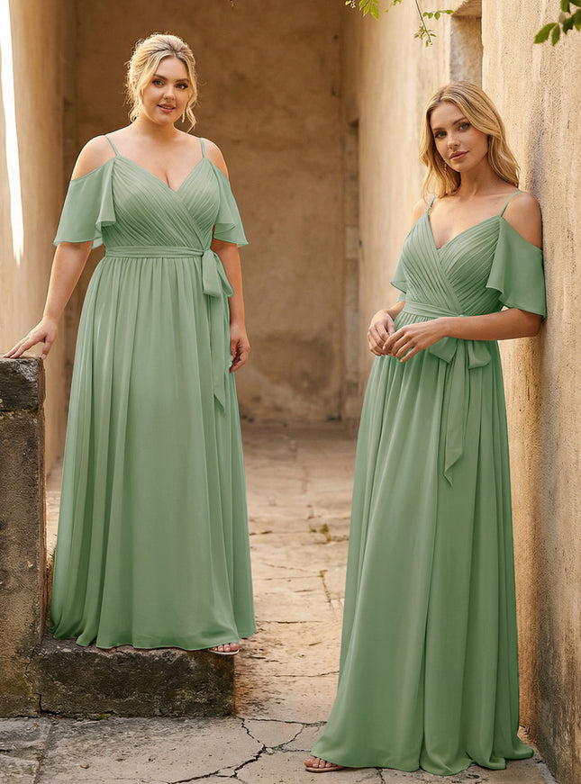 Spaghetti Straps V Neck Pleated Chiffon Bridesmaid Dresses