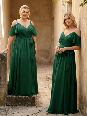 Spaghetti Straps V Neck Pleated Chiffon Bridesmaid Dresses