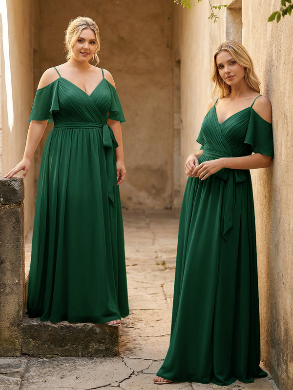 Spaghetti Straps V Neck Pleated Chiffon Bridesmaid Dresses