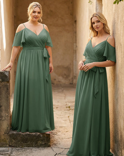 Spaghetti Straps V Neck Pleated Chiffon Bridesmaid Dresses