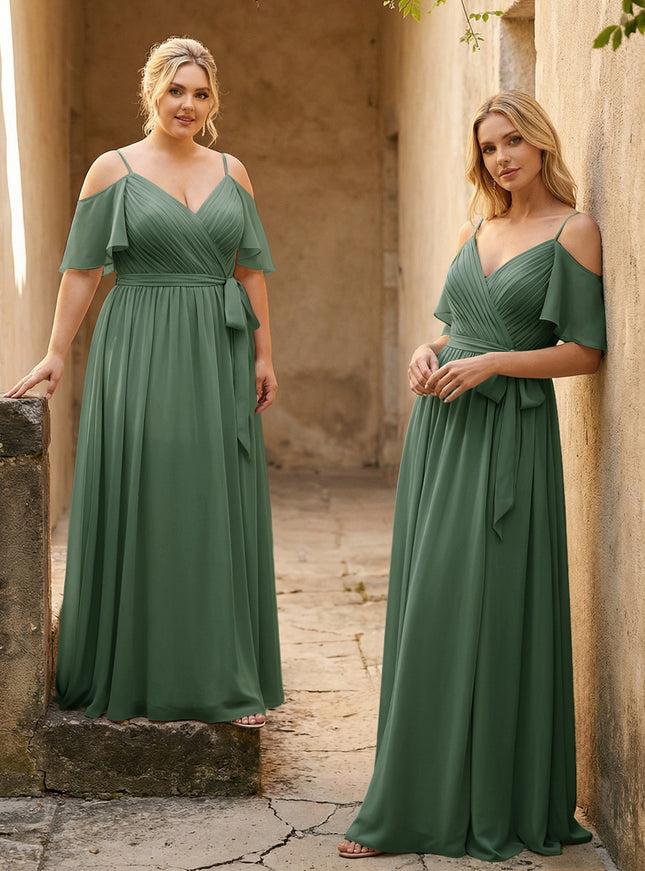 Spaghetti Straps V Neck Pleated Chiffon Bridesmaid Dresses