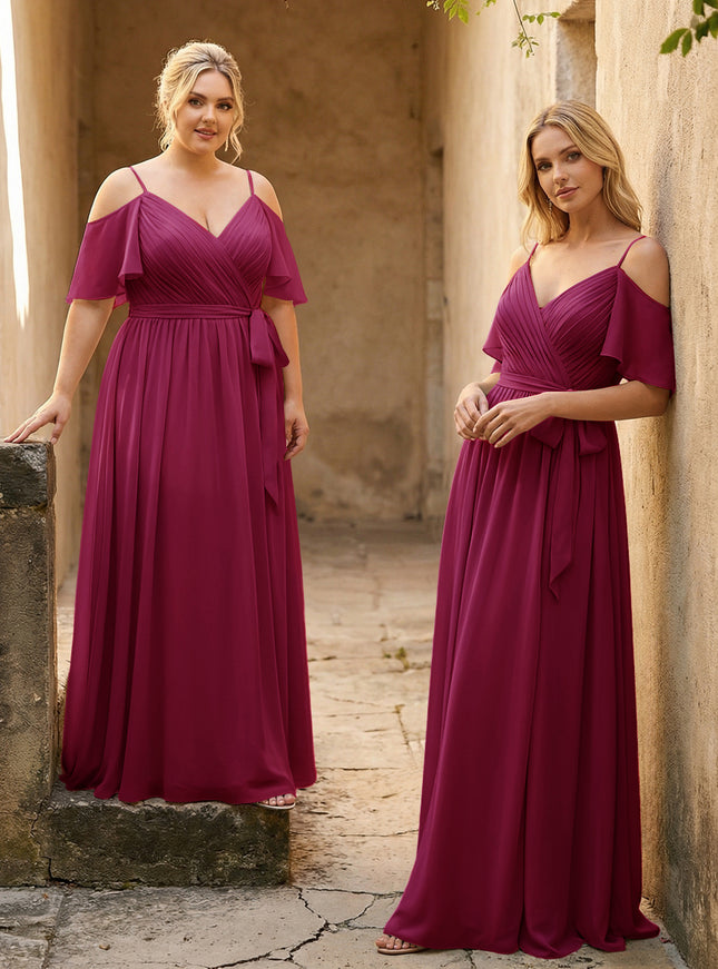 Spaghetti Straps V Neck Pleated Chiffon Bridesmaid Dresses