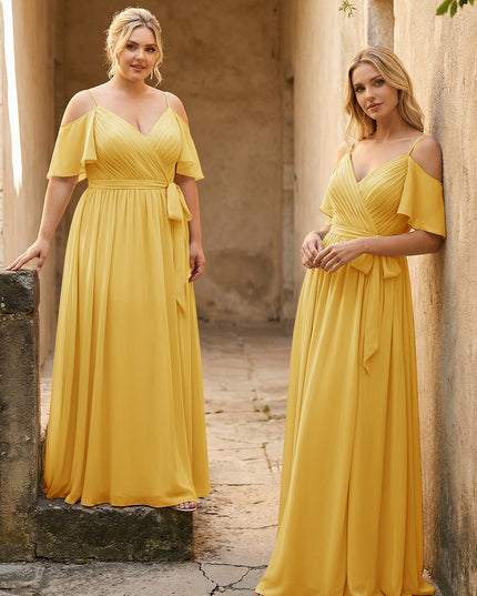 Spaghetti Straps V Neck Pleated Chiffon Bridesmaid Dresses