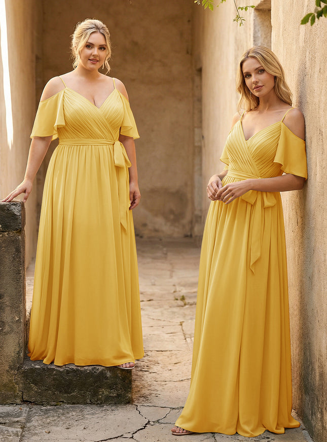 Spaghetti Straps V Neck Pleated Chiffon Bridesmaid Dresses