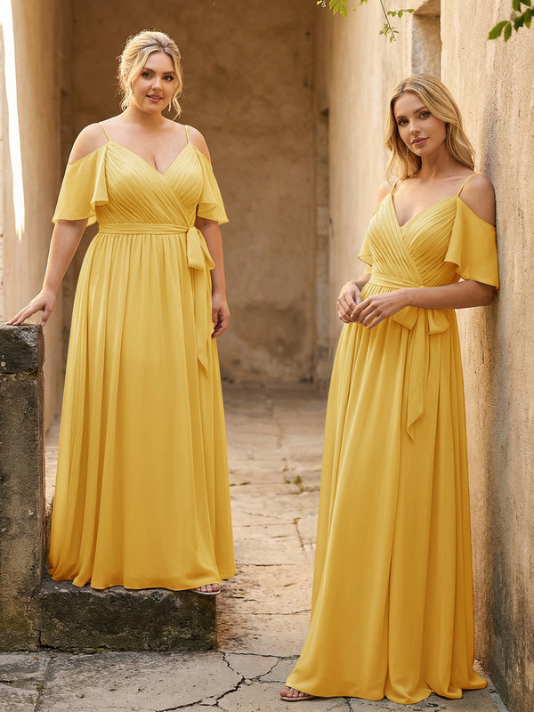 Spaghetti Straps V Neck Pleated Chiffon Bridesmaid Dresses