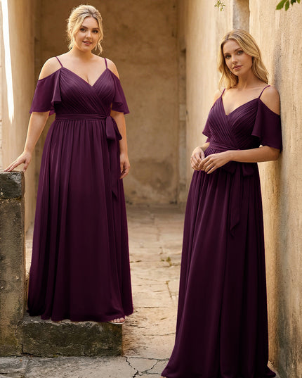 Spaghetti Straps V Neck Pleated Chiffon Bridesmaid Dresses