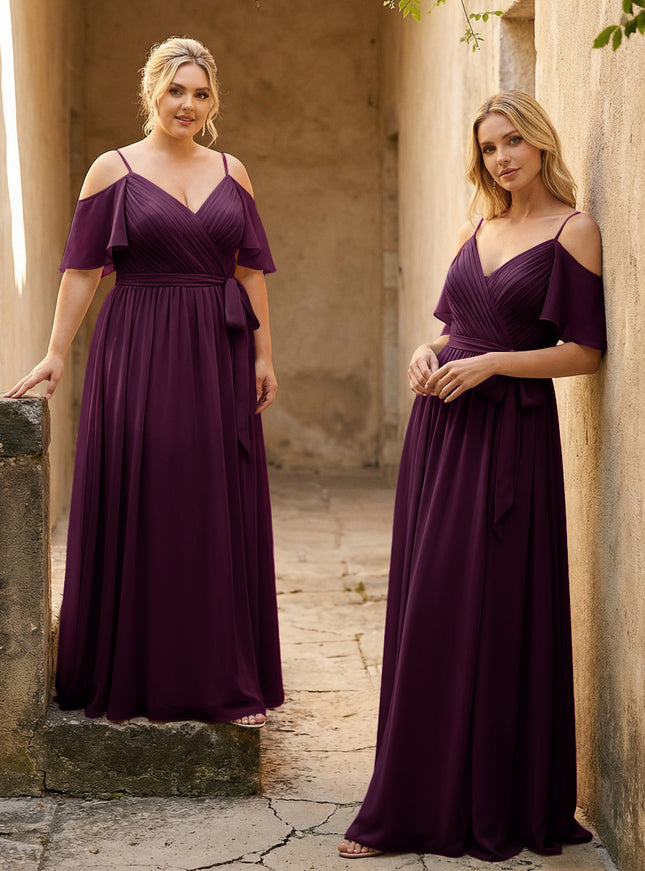 Spaghetti Straps V Neck Pleated Chiffon Bridesmaid Dresses