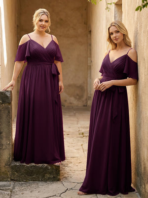 Spaghetti Straps V Neck Pleated Chiffon Bridesmaid Dresses