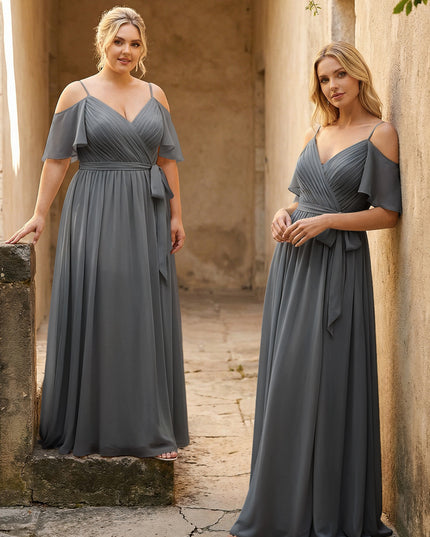 Spaghetti Straps V Neck Pleated Chiffon Bridesmaid Dresses