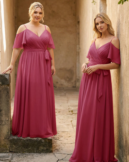 Spaghetti Straps V Neck Pleated Chiffon Bridesmaid Dresses