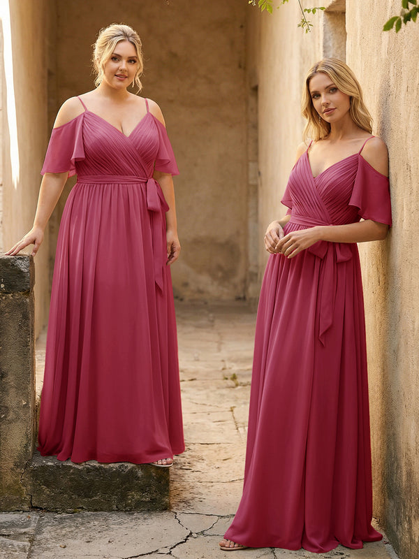 Spaghetti Straps V Neck Pleated Chiffon Bridesmaid Dresses