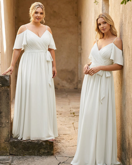 Spaghetti Straps V Neck Pleated Chiffon Bridesmaid Dresses