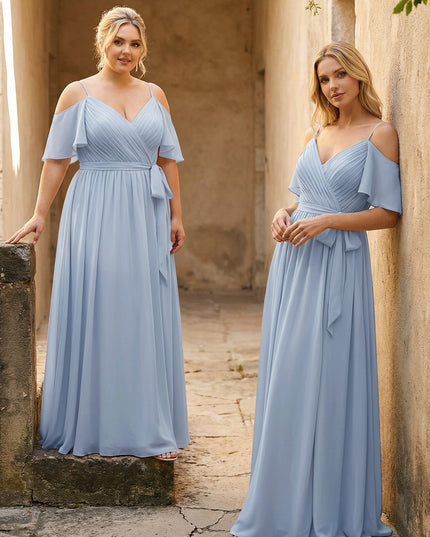 Spaghetti Straps V Neck Pleated Chiffon Bridesmaid Dresses