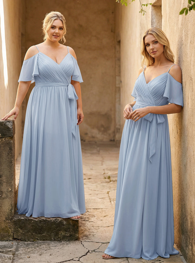 Spaghetti Straps V Neck Pleated Chiffon Bridesmaid Dresses