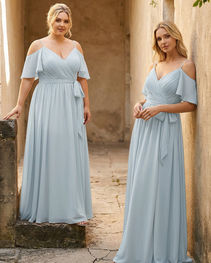 Spaghetti Straps V Neck Pleated Chiffon Bridesmaid Dresses