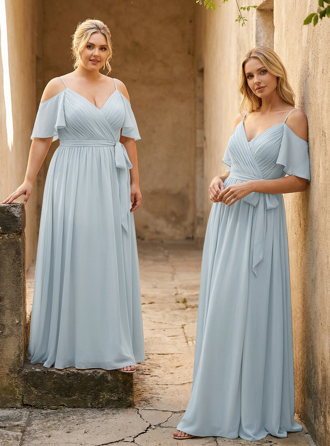 Spaghetti Straps V Neck Pleated Chiffon Bridesmaid Dresses
