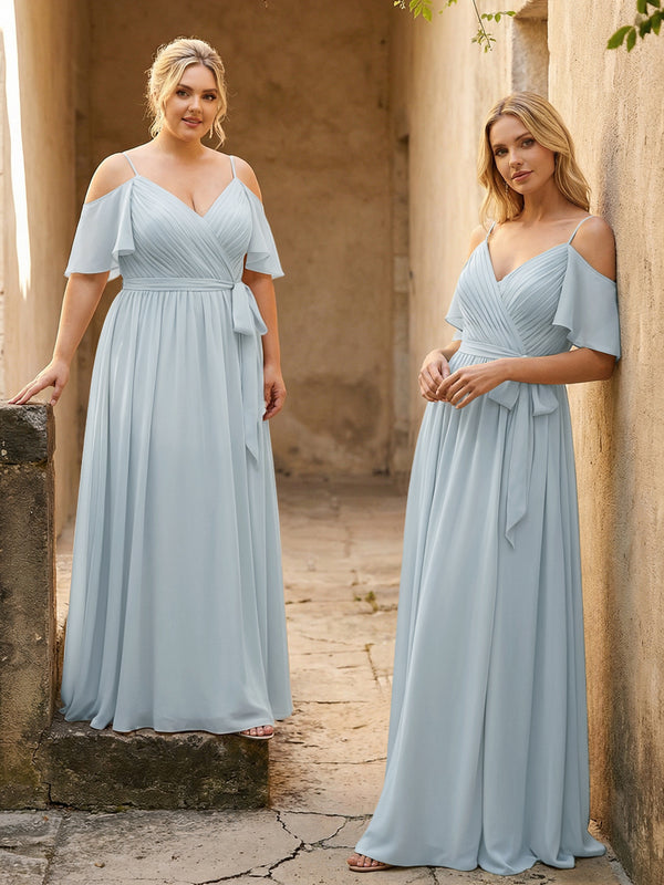 Spaghetti Straps V Neck Pleated Chiffon Bridesmaid Dresses