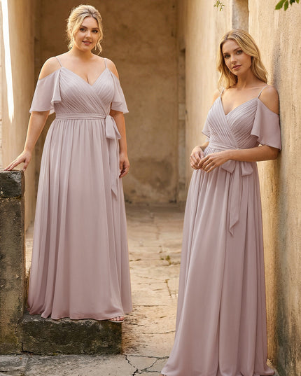 Spaghetti Straps V Neck Pleated Chiffon Bridesmaid Dresses