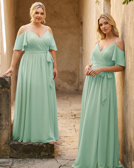 Spaghetti Straps V Neck Pleated Chiffon Bridesmaid Dresses