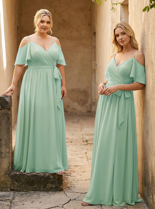 Spaghetti Straps V Neck Pleated Chiffon Bridesmaid Dresses