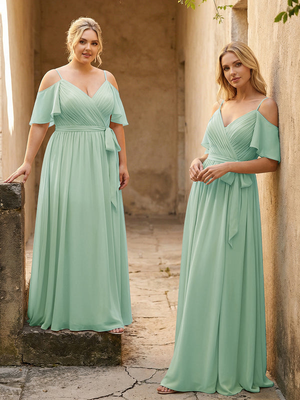 Spaghetti Straps V Neck Pleated Chiffon Bridesmaid Dresses