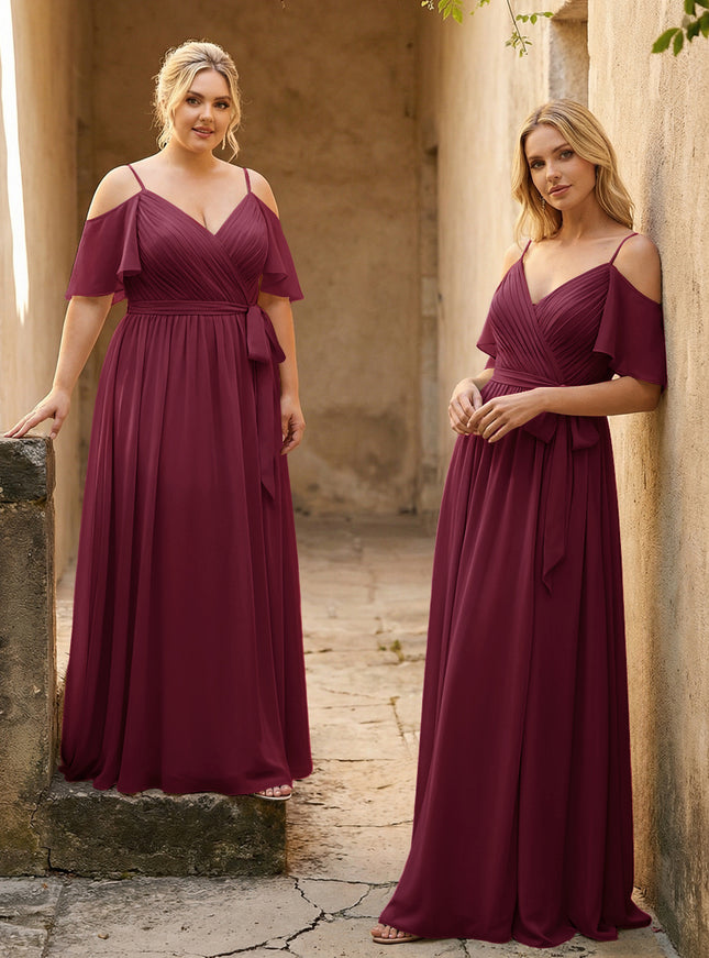 Spaghetti Straps V Neck Pleated Chiffon Bridesmaid Dresses