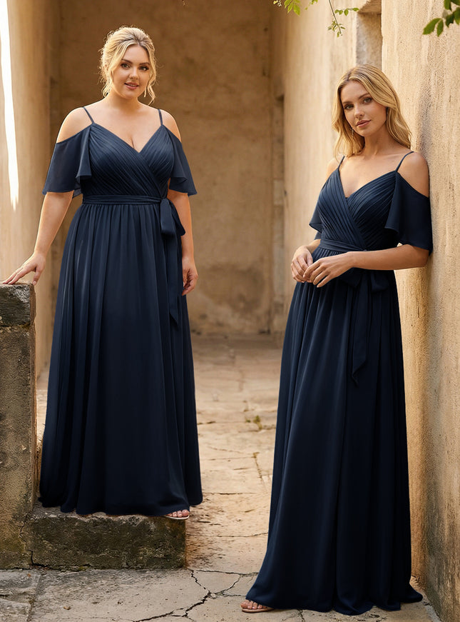 Spaghetti Straps V Neck Pleated Chiffon Bridesmaid Dresses