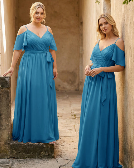Spaghetti Straps V Neck Pleated Chiffon Bridesmaid Dresses