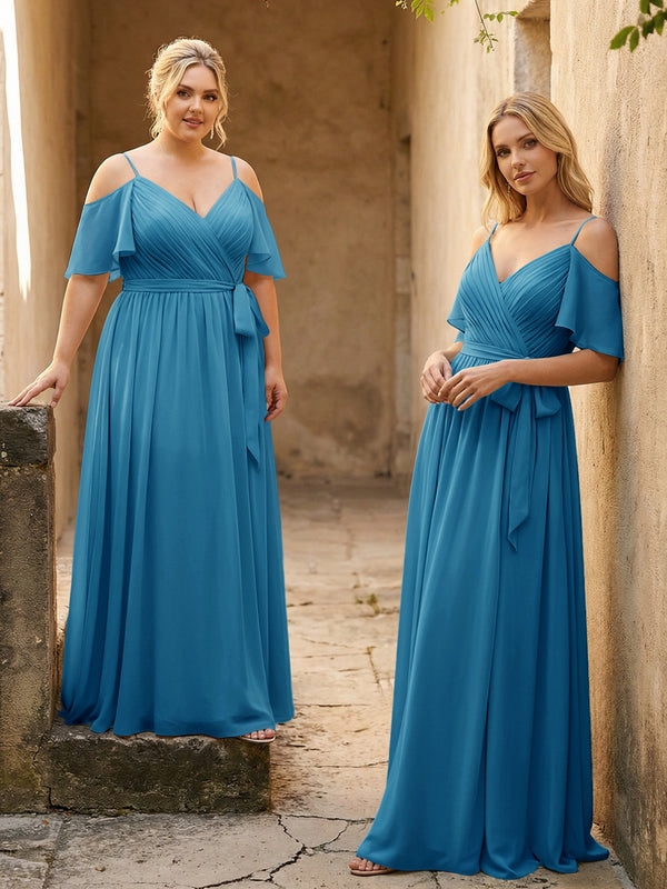 Spaghetti Straps V Neck Pleated Chiffon Bridesmaid Dresses
