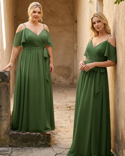 Spaghetti Straps V Neck Pleated Chiffon Bridesmaid Dresses