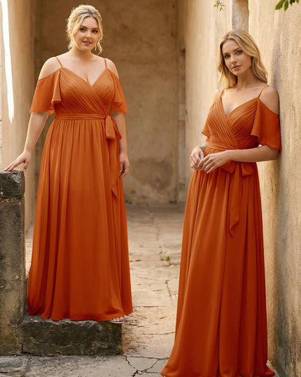 Spaghetti Straps V Neck Pleated Chiffon Bridesmaid Dresses