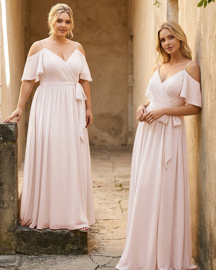 Spaghetti Straps V Neck Pleated Chiffon Bridesmaid Dresses
