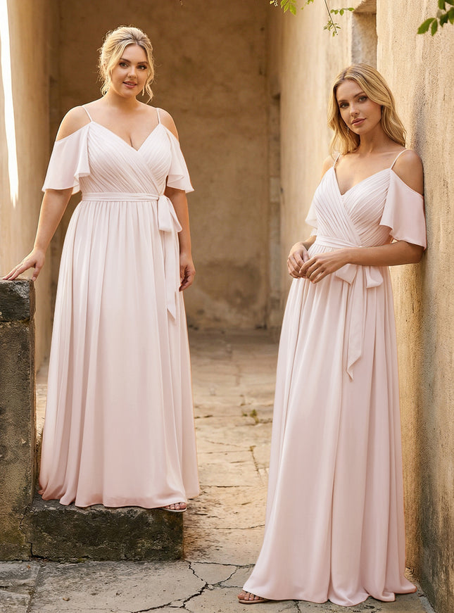 Spaghetti Straps V Neck Pleated Chiffon Bridesmaid Dresses