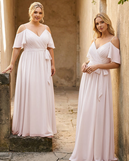 Spaghetti Straps V Neck Pleated Chiffon Bridesmaid Dresses