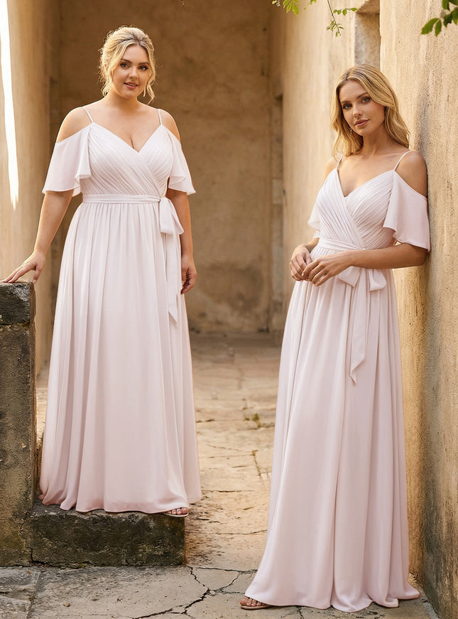 Spaghetti Straps V Neck Pleated Chiffon Bridesmaid Dresses