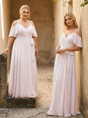 Spaghetti Straps V Neck Pleated Chiffon Bridesmaid Dresses