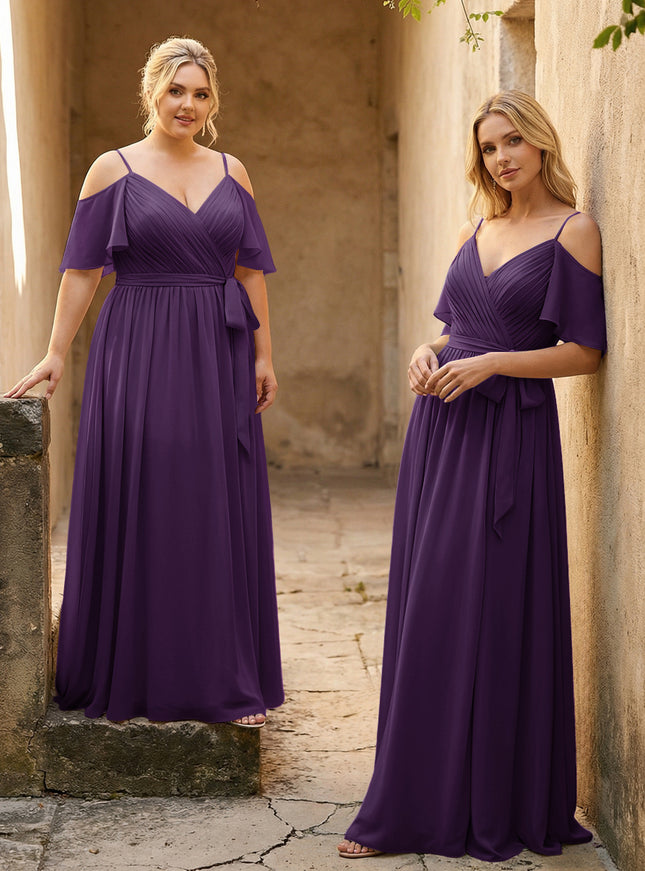 Spaghetti Straps V Neck Pleated Chiffon Bridesmaid Dresses