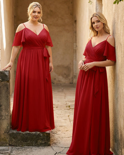 Spaghetti Straps V Neck Pleated Chiffon Bridesmaid Dresses