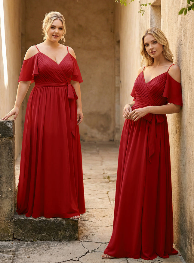 Spaghetti Straps V Neck Pleated Chiffon Bridesmaid Dresses