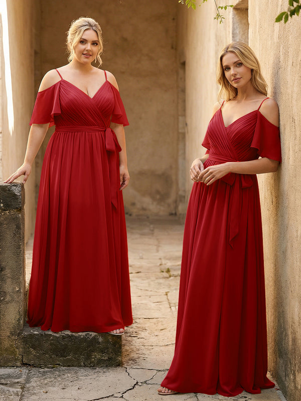 Spaghetti Straps V Neck Pleated Chiffon Bridesmaid Dresses
