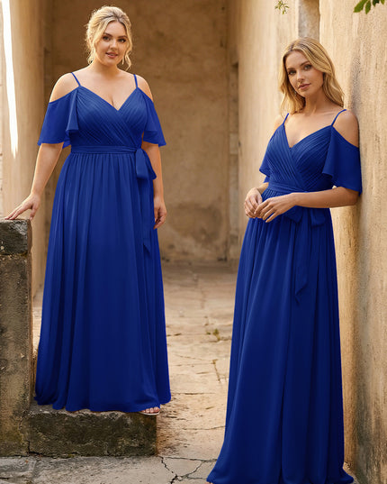 Spaghetti Straps V Neck Pleated Chiffon Bridesmaid Dresses