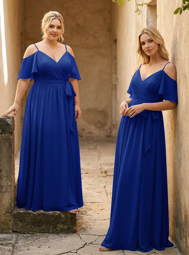 Spaghetti Straps V Neck Pleated Chiffon Bridesmaid Dresses
