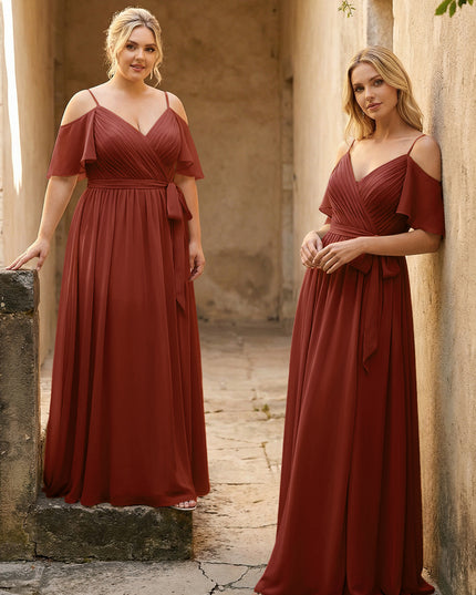 Spaghetti Straps V Neck Pleated Chiffon Bridesmaid Dresses