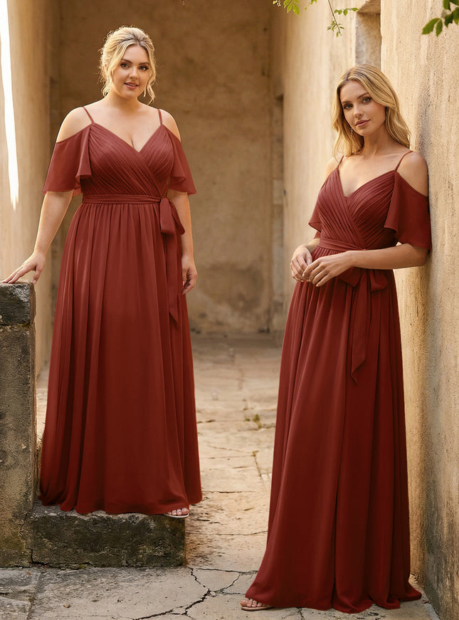 Spaghetti Straps V Neck Pleated Chiffon Bridesmaid Dresses