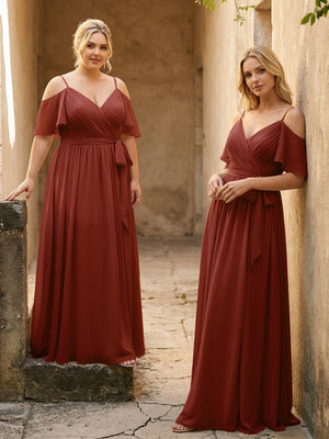 Spaghetti Straps V Neck Pleated Chiffon Bridesmaid Dresses