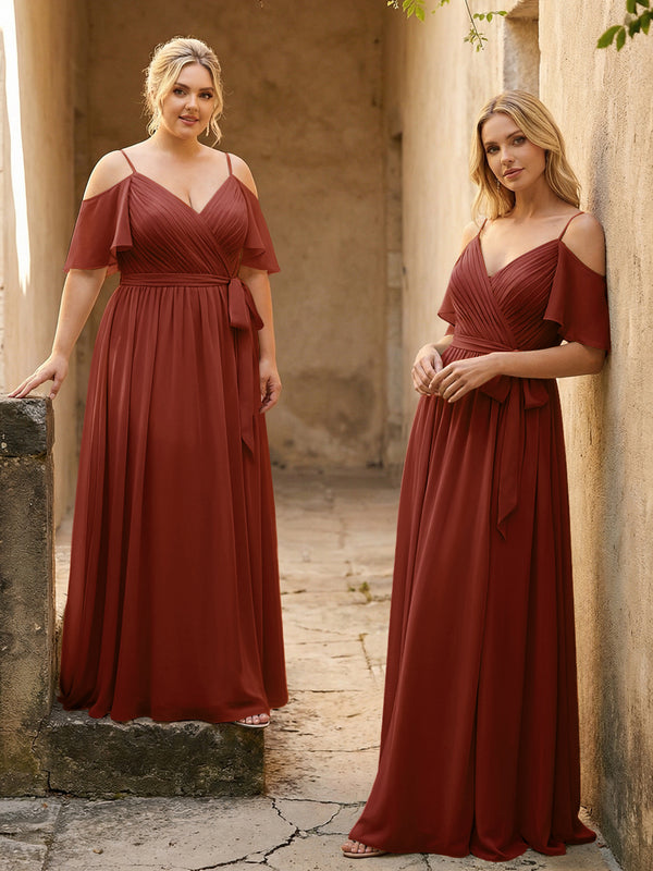 Spaghetti Straps V Neck Pleated Chiffon Bridesmaid Dresses