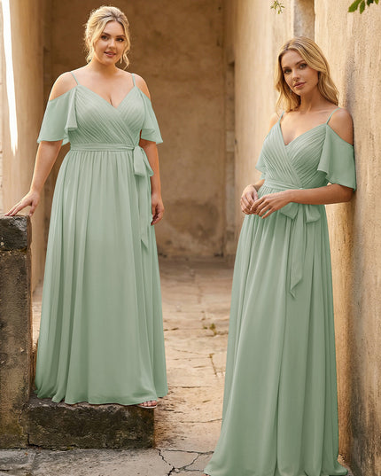 Spaghetti Straps V Neck Pleated Chiffon Bridesmaid Dresses