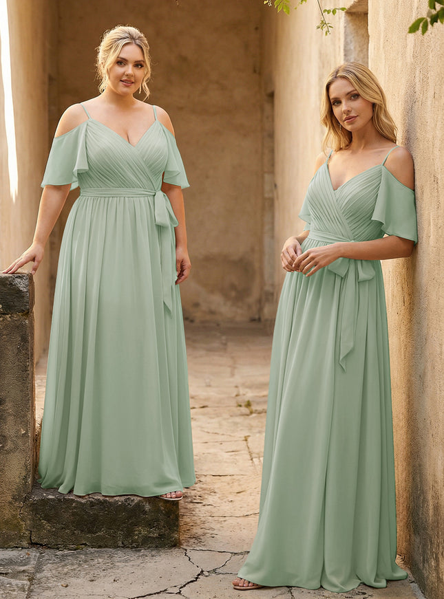 Spaghetti Straps V Neck Pleated Chiffon Bridesmaid Dresses