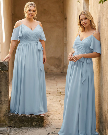 Spaghetti Straps V Neck Pleated Chiffon Bridesmaid Dresses