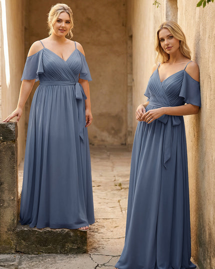 Spaghetti Straps V Neck Pleated Chiffon Bridesmaid Dresses